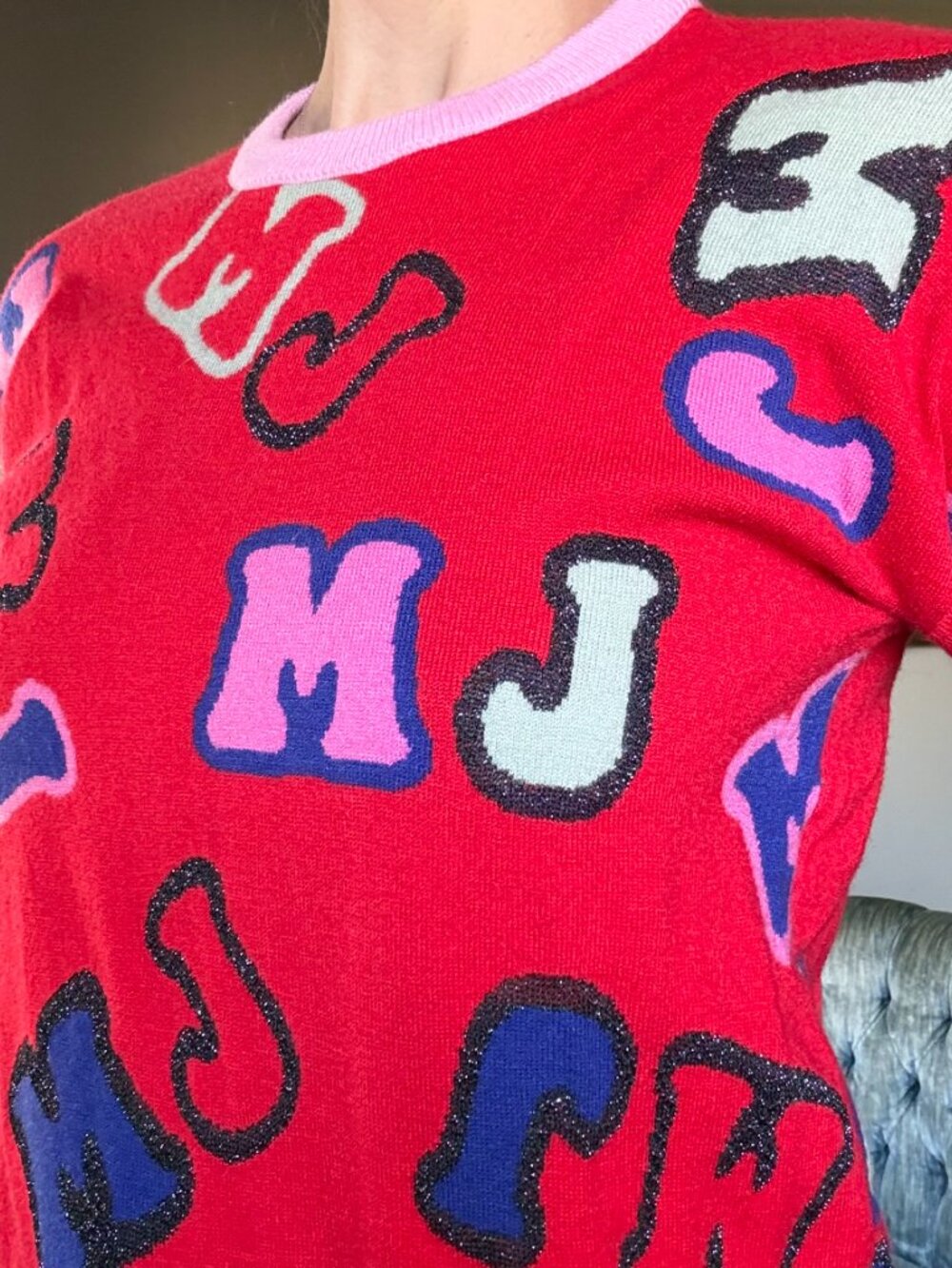 Marc Jacobs Red Pink Glitter Graphic Crewneck Sweater Maximalist NWT Navy